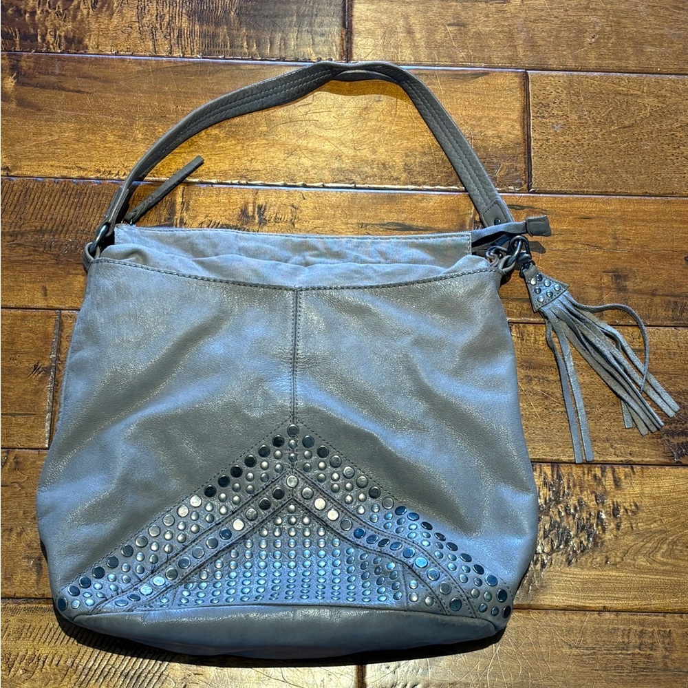 The SAK Indio Grey Glazed LEATHER Studded Hobo Shoulder Bag w/Fringe Tassel